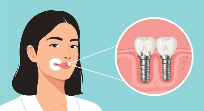 Beauty and dental health concept showing a woman's face next to a magnified view of dental implants securely placed in the gum tissue.