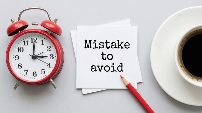 "Mistake to Avoid" Text on Sticky Note with Alarm Clock and Cup of Coffee on Gray Background