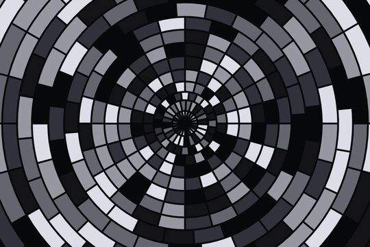 Concentric circles of geometric black, white, and gray checkerboard pattern geometric pattern