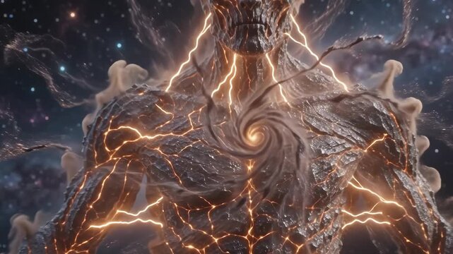 Swirling cosmic energy vortex transforming into a glowing magma rock monster