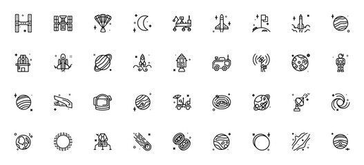 Universe icon set. Space vector icons pack. Minimalist line art. Includes Satellite, Rocket, Moon, Robot, Pluto, Saturn, Mars rover, Astronaut, Solar system, Earth, Blackhole, Sun, Comet, Stars, Jupit © wang