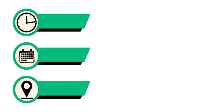 Time, date, and location icon set with green label area for information and event display