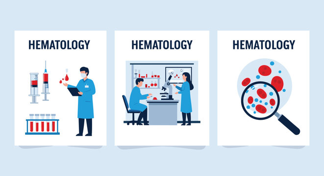 Set of three educational posters about hematology featuring lab workers, blood cells under a microscope, and diagnostics.