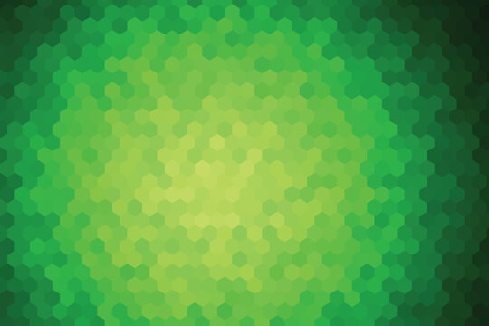 Glowing green hexagonal pixel pattern with radiant center light effect hexagons