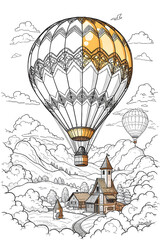 Obraz premium Whimsical Sky Journey Coloring Sheet Featuring Hot Air Balloon and Storybook Village
