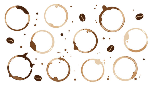 A collection of coffee rings, splatters, and coffee beans are scattered across a clean white background in a wide horizontal layout.