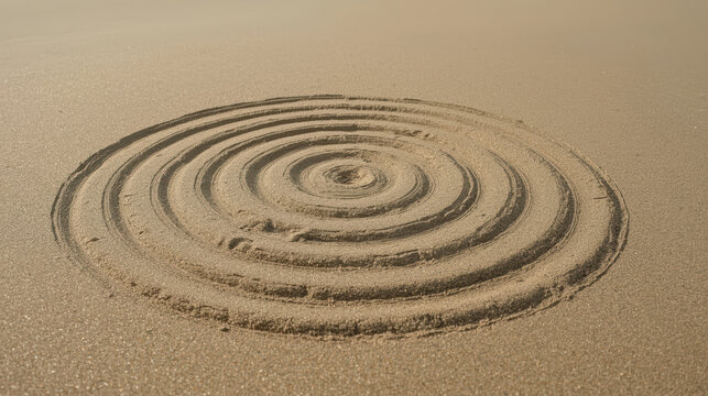 Concentric sand circle pattern calm beach meditation