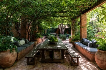 Obraz premium Garden patio terrace featuring a wooden dining table under a lush green pergola with dappled sunlight for luxury travel and lifestyle marketing