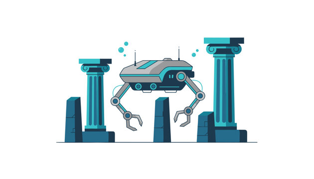 A futuristic blue robot with mechanical arms floats between ancient stone columns in this stylized, flat vector graphic illustration scene.