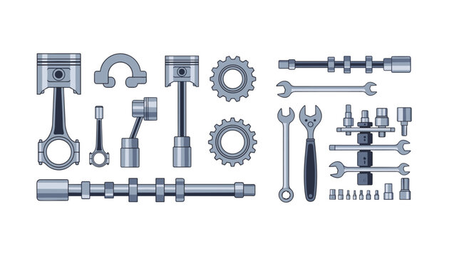 An organized flat-lay arrangement of various mechanical tools, wrenches, sockets, and engine pistons is displayed on the white background.