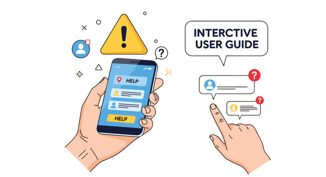 Modern interface design of an interactive user guide on a smartphone held by a hand with various help notification icons.