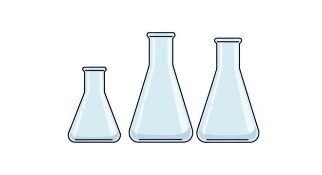 Set of three empty transparent laboratory flasks in varying sizes arranged in a horizontal row on a plain white background for science.