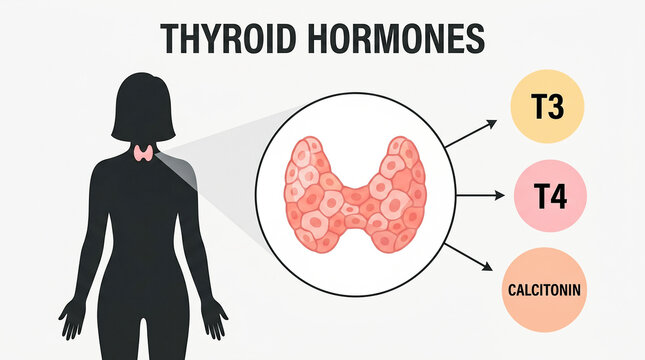 Thyroid hormones t3 and t4 illustration with human silhouette and callouts