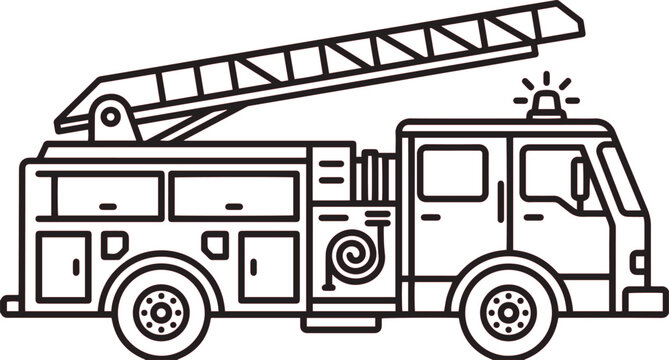 Fire engine truck depicted in a simple line art style represents emergency response vehicles.