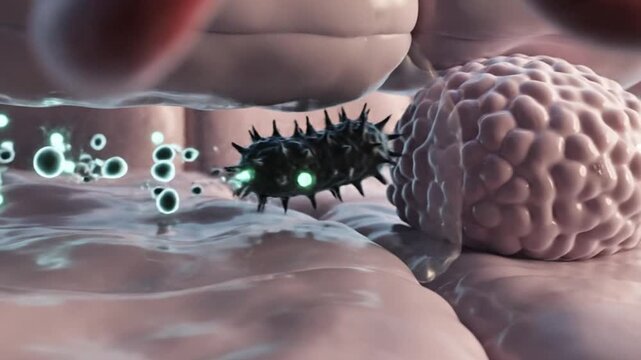 Cinematic ultra realistic 3D visualization of epithelial cells covering skin organs and blood vessels detailed microscopic cellular structures protecting the body from pathogens while regulating absor