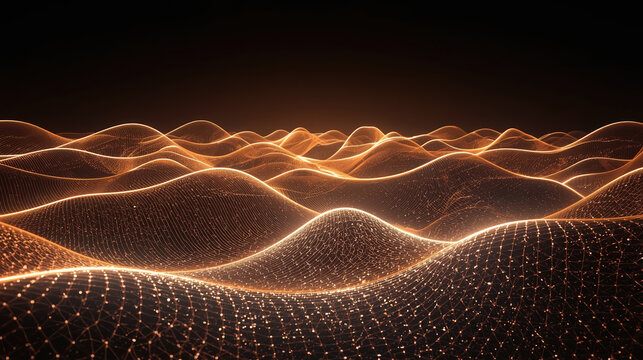 Glowing golden wireframe hills with flowing illuminated grid and warm ambient light