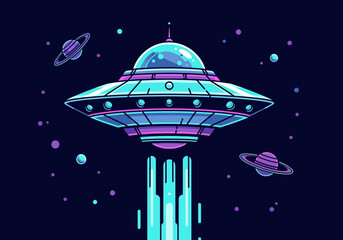 Retro Futuristic UFO Flying Saucer Space Illustration with Planets and Stars in Synthwave Color Palette © Tantri