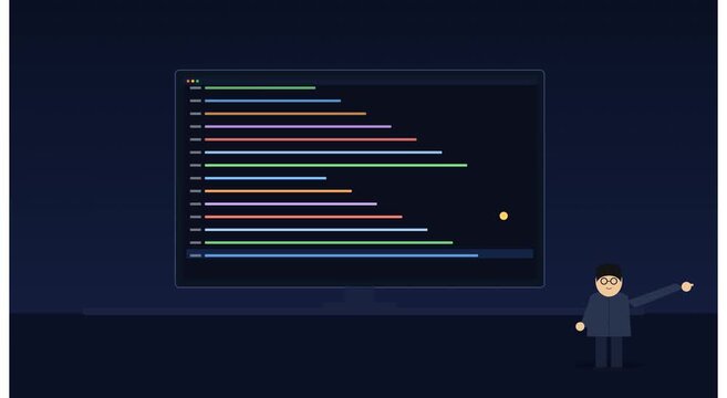 Software developer presenting code on computer screen animation
