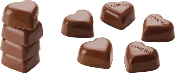 Fototapeta premium Chocolate candy collection with heart shaped pralines and romantic love message isolated vector illustration set