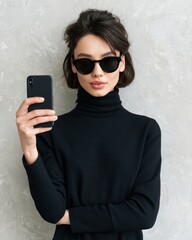 Fototapeta premium Stylish young woman taking selfie beside concrete wall, black outfit, sunglasses, modern street fashion lifestyle
