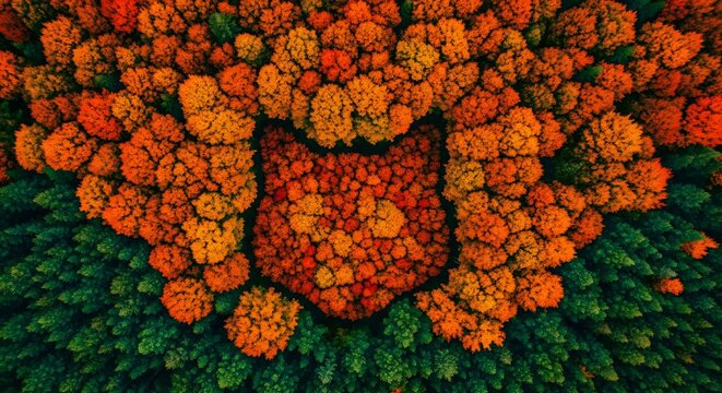 Aerial view of autumn forest shaped like a cat head during fall season