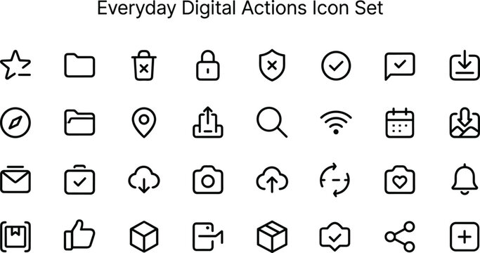 Everyday Digital Action Icon Set With Favorite Folder Security Download Location Search Cloud Camera Share And Notification Symbols