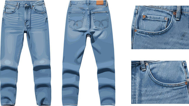Blue denim jeans mockup collection with front back views and pocket details isolated fashion vector template