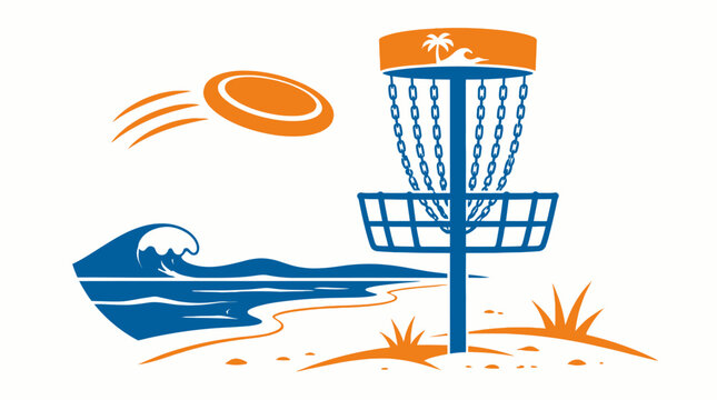 Vector illustration of a disc golf basket on a beach with a frisbee and ocean waves