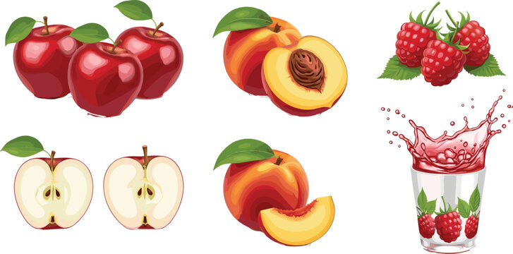Fresh apple peach and raspberry fruit collection with sliced pieces and juice splash vector illustration