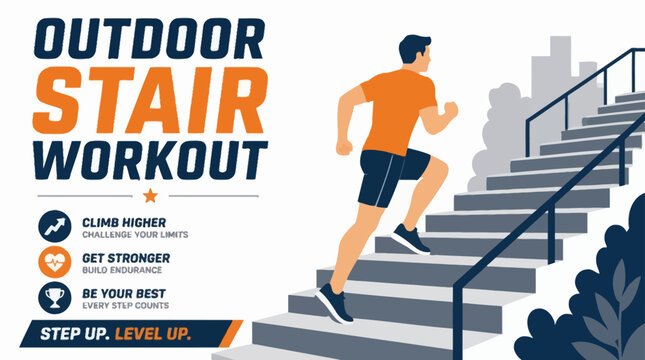 Man climbing stairs for outdoor stair workout, graphic element with text and icons