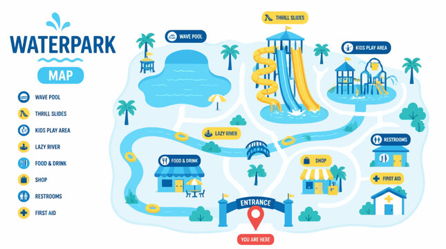 Waterpark map illustration with slides, pools, and attractions, set against a clean background
