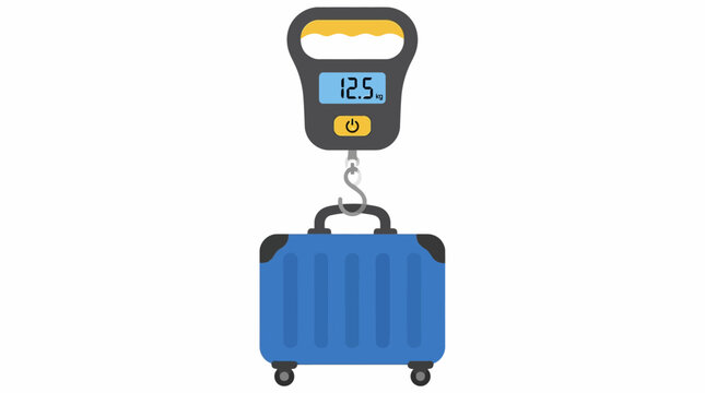 Digital scale weighing a blue suitcase on a white background, graphic element.