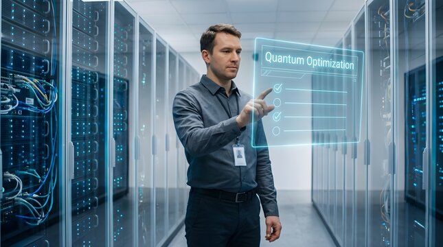 System Administrator Interacting with Quantum Optimization Holographic Interface in Modern Data Center Aisle