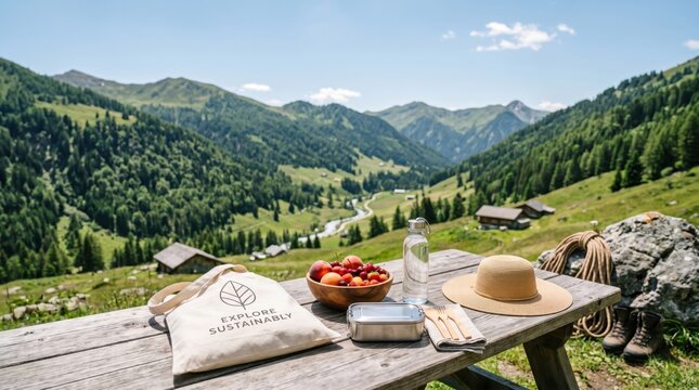 Eco-friendly hiking gear on wooden table with mountain valley landscape, sustainable travel concept, reusable water bottle and lunch box, outdoor adventure