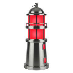 Obraz premium Nautical lighthouse lantern with red glowing glass, brushed metal decorative lamp, maritime beacon ornament for coastal home decor