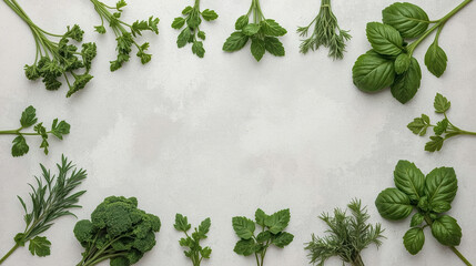 Obraz premium Fresh green culinary herbs and broccoli arranged on neutral surface in calming composition