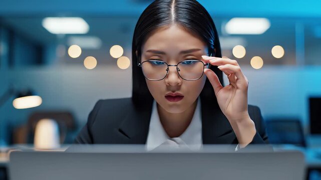 Businesswoman Focused on Laptop in Modern Office at Night Working to Achieve Goals Delivering Results Through Effort and Determination