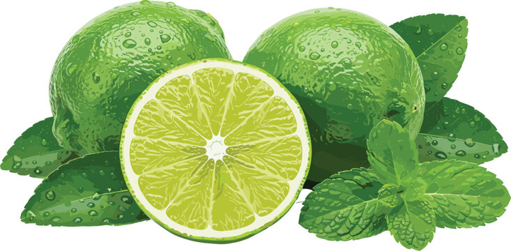 Fresh lime fruits with sliced lime and mint leaves isolated realistic citrus vector illustration design
