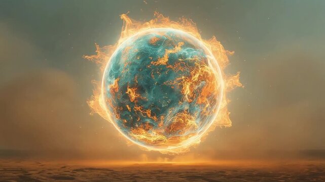 Burning planet sphere motion background featuring intense plasma flames and glowing energy particles for cinematic science fiction visual effects clip