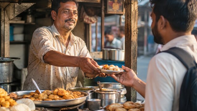 Vendor hands food to customer at street stall during daytime in busy market area