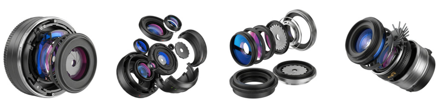 Disassembled camera lens components showing internal glass optics and iris