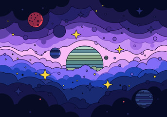 Flat Vector Illustration of a Cosmic Galaxy with Colorful Planets, Stars, and Stylized Clouds in Purple and Blue Tones © Bayu
