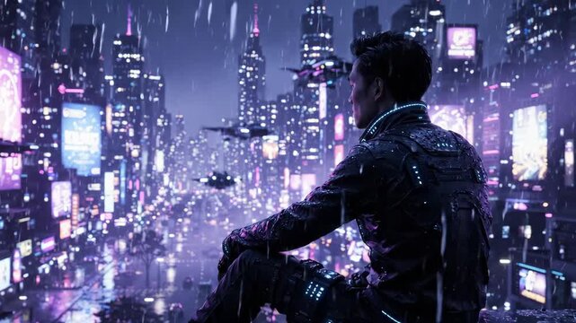 Futuristic man sitting on a wet rooftop edge looking at a rainy neon cyberpunk city skyline at night