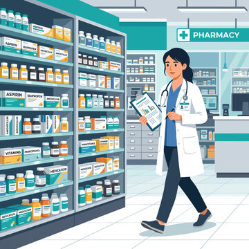 Pharmacist walking in a modern pharmacy with shelves of medicine