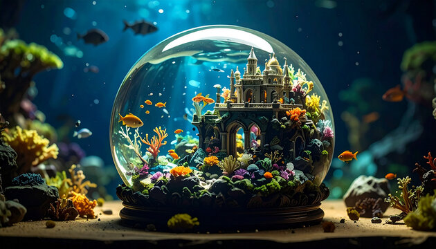 Underwater fantasy globe with castle and colorful fish
