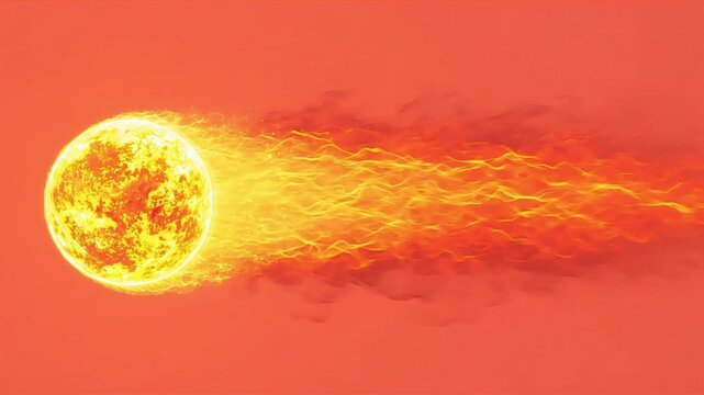 Burning fireball comet flying through space motion video footage showing a bright glowing sun sphere with intense plasma flame trail