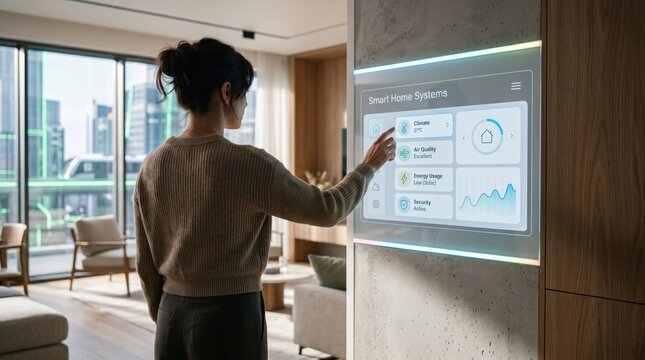 Woman controlling smart home systems on wall mounted touch screen interface, adjusting climate and security settings in modern luxury apartment interior