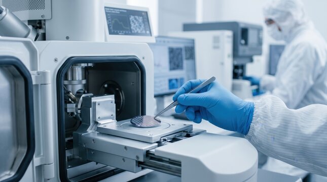 Technician handling silicon wafer with tweezers in cleanroom environment, semiconductor manufacturing process and microchip production facility concept