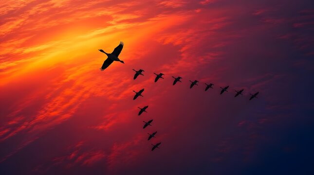 Teamwork Leadership Flock Formation Flying Geese Sunset Sky