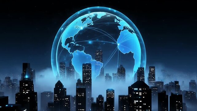 Futuristic Cityscape with Global Network Visualization for Technology and Urban Planning Content